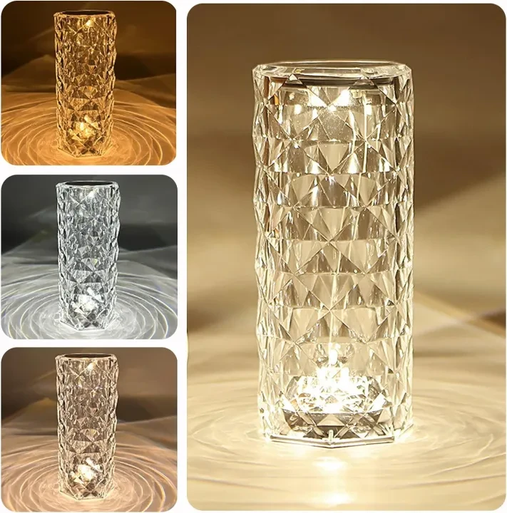 Crystal Table Lamp, LED Diamond Crystal Lamp, Rose Shadow, Bedside Lamp, Touch and Dimmable with 3 Colours, USB Rechargeable Night Light for Bedroom