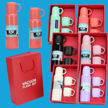 Gift Set 500ml Travel Water Bottles with 3 Mugs | Hot & Cold Thermos Flask Vacuum Insulation upto 8 hours | Stainless Steel Cups